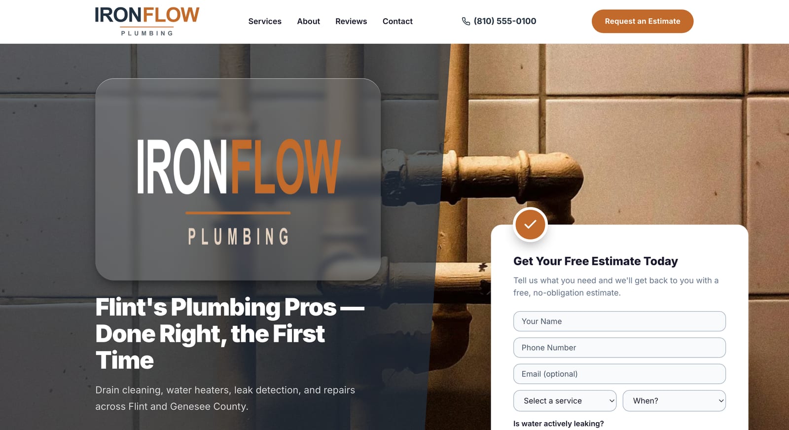 Ironflow Plumbing — a real TradePages site shown on desktop