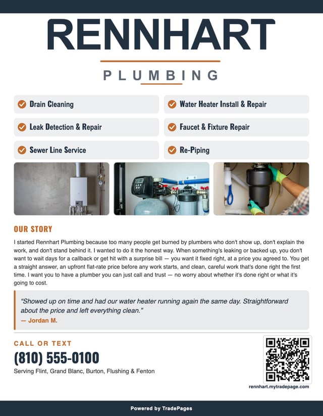 A marketing flyer generated from a TradePages site